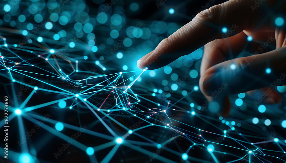 Fototapete finger touching a virtual screen filled with interconnected nodes and glowing lines, symbolizing the interaction with digital technology, internet networks, and advanced data exchange