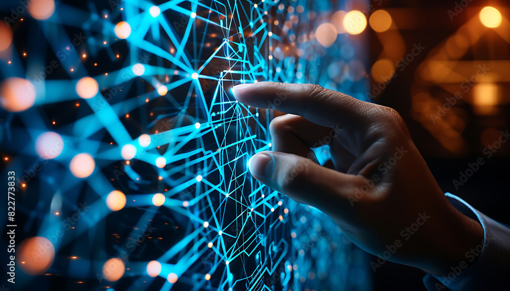 Leinwandbilder finger touching a virtual screen filled with interconnected nodes and glowing lines, symbolizing the interaction with digital technology, internet networks, and advanced data exchange