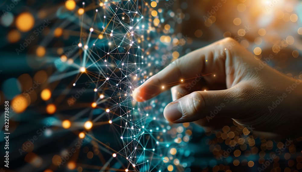 Aufkleber finger touching a virtual screen filled with interconnected nodes and glowing lines, symbolizing the interaction with digital technology, internet networks, and advanced data exchange