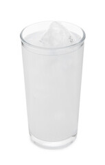 Glass of coconut water with ice cubes isolated on white
