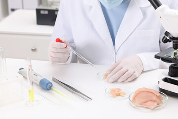 Quality control. Food inspector examining meat in laboratory, closeup