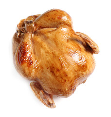 Tasty roasted chicken isolated on white, top view