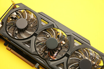 One graphics card on yellow background, above view