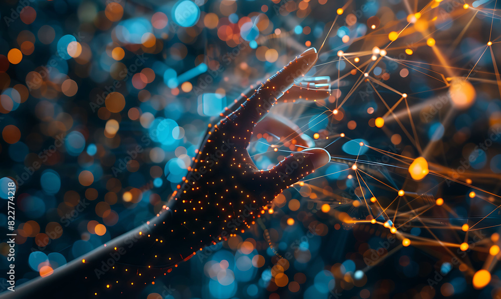 Aufkleber hand touches a virtual futuristic interface filled with glowing nodes and lines, symbolizing big dat