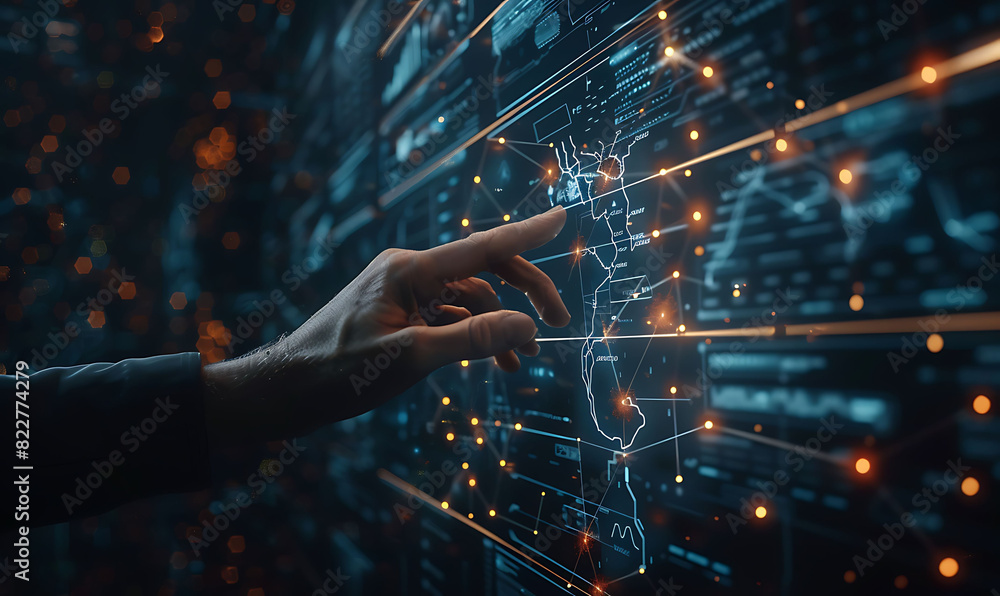Aufkleber hand interacts with a virtual network of interconnected nodes and glowing points on a futuristic interface, symbolizing advanced technology, digital transformation, and seamless data connectivity