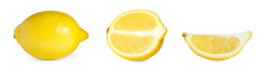 Fresh lemons isolated on white, set. Whole one, half and wedge