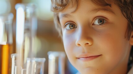 Curious smart child looking at camera while attend in science class with chemical tube. Close up portrait of young elementary student staring at camera while doing experiment at lab. Learning. AIG42.