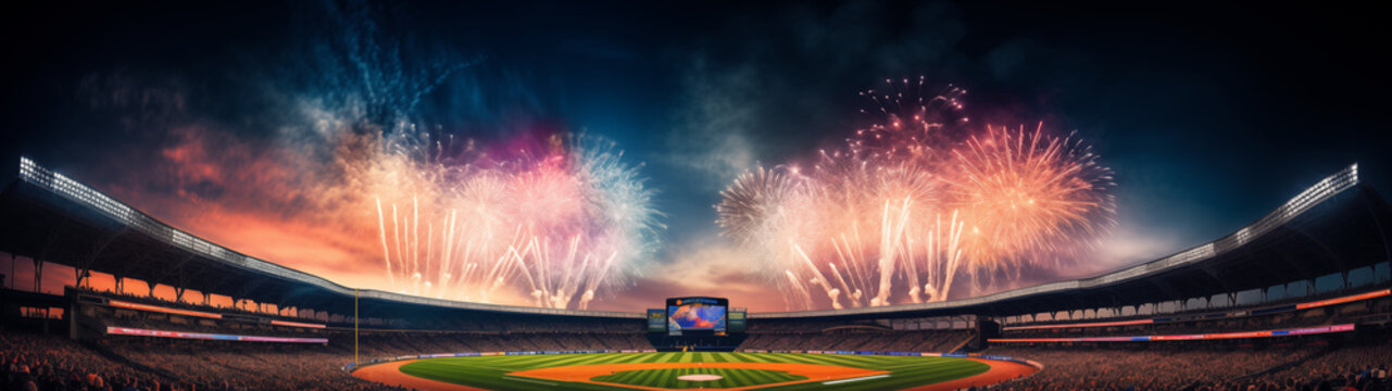 Vibrant Fireworks Above a Lively Baseball Stadium at Dusk
