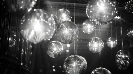 Black and white photography of disco balls, hanging from the ceiling in an old club with dark atmosphere. glittering lights and reflections
