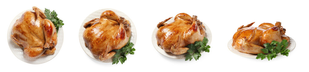 Delicious roasted chicken isolated on white, different angles. Set