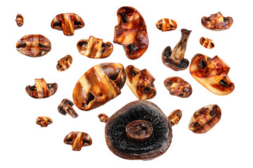 Slices of grilled mushrooms in air on white background