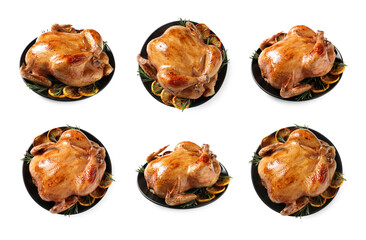 Delicious roasted chicken isolated on white, top and side views. Set