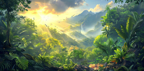 digital art of the jungle, dense vegetation, tropical plants and trees with rocks in front of it, a wide view showing mountains in background, a misty sky, birds flying around