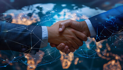 An image collage depicting various aspects of global business operations, including handshakes, digital interfaces, and global maps, representing HR recruitment, teamwork