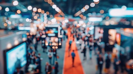 Blurred image of a busy trade show with various company booths. Concept Trade Show, Busy Environment, Company Booths, Blurred Image, Crowded Venue