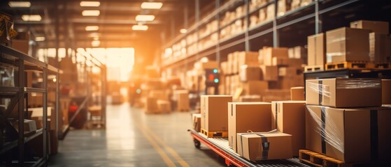 Soft focus on a warehouse interior filled with boxes and parcels, hinting at the logistics behind ecommerce, ecommerce background, with copy space