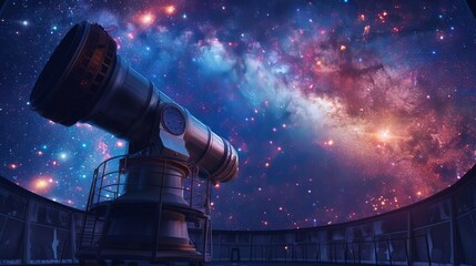 A large, hightech telescope in an observatory dome under a starry sky,
