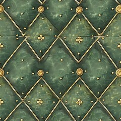 A seamless pattern design, Argyle style with St. Patrick's flair, including alternating green and gold diamonds, small shamrock insets, and elegant white stitching. 