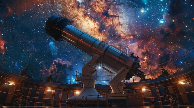 A large, hightech telescope in an observatory dome under a starry sky,