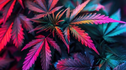 Cannabis leaves in rainbow colors on a dark background, in a double exposure style. The background features cannabis leaves. A tinted photo of colorful marijuana buds