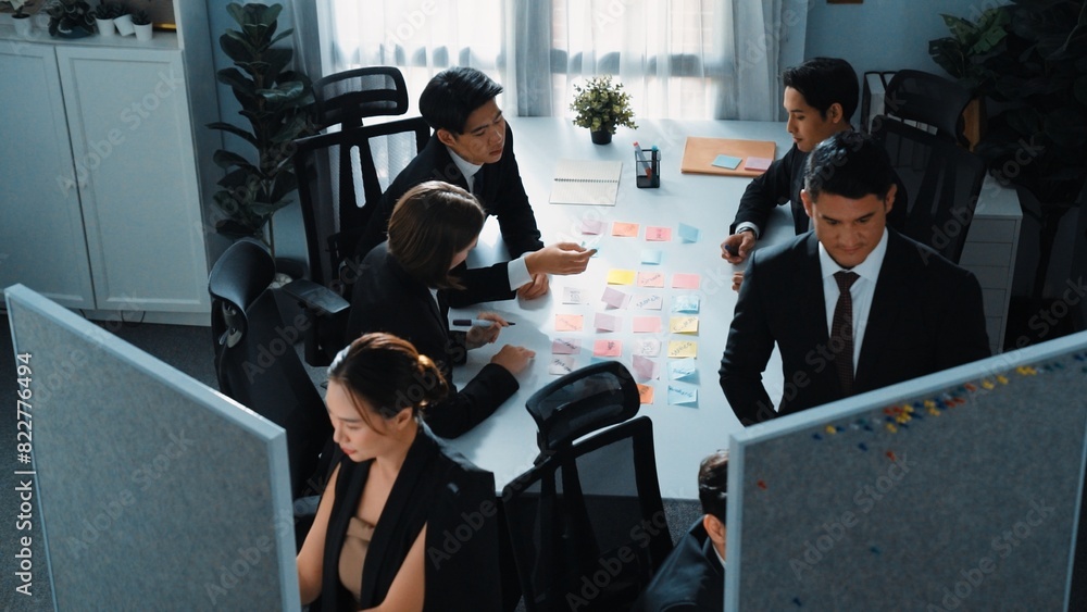 Aufkleber top down aerial view of professional business team present project and turn around to clap hands and