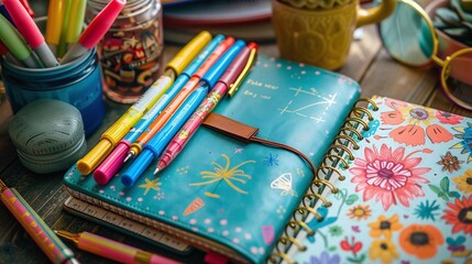 Visualize a flat lay of colorful markers, a planner, and a summerthemed notebook