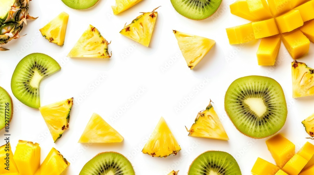 Poster a refreshing composition of sliced kiwi, pineapple, and mango arranged in a geometric pattern, with 