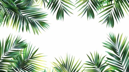An elegant illustration of tropical palm leaves arranged diagonally, with a large blank area on the left for customizable text or graphics, isolated on a clean white transparent background