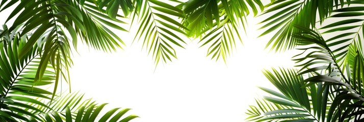 A detailed illustration of overlapping tropical palm leaves with a blank area in the center for adding text or logos, isolated on a clean white transparent background