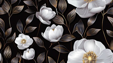 A black and white floral pattern with gold accents