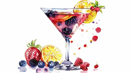 A summertime cocktail illustration featuring a colorful drink in a classic martini glass, adorned with refreshing ingredients like berries and citrus slices, isolated on a clean white transparent