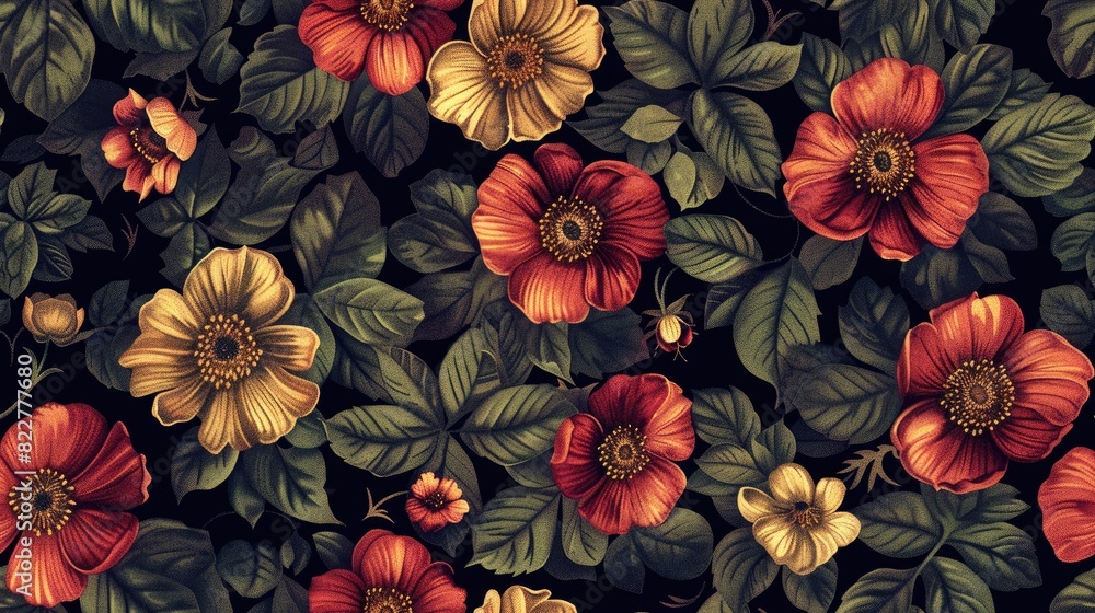 Poster a colorful flower pattern with red and yellow flowers. the flowers are arranged in a way that create