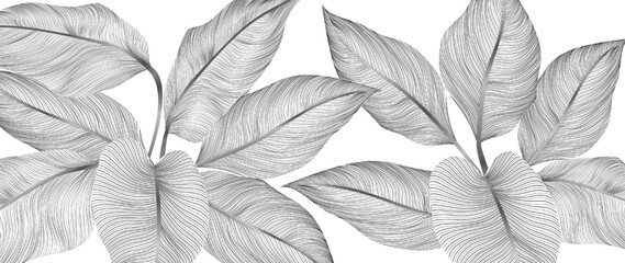 Abstract art background with tropical leaves in black and white in hand drawn line art style. Botanical banner for decoration, print, textile, wallpaper, poster, interior design.