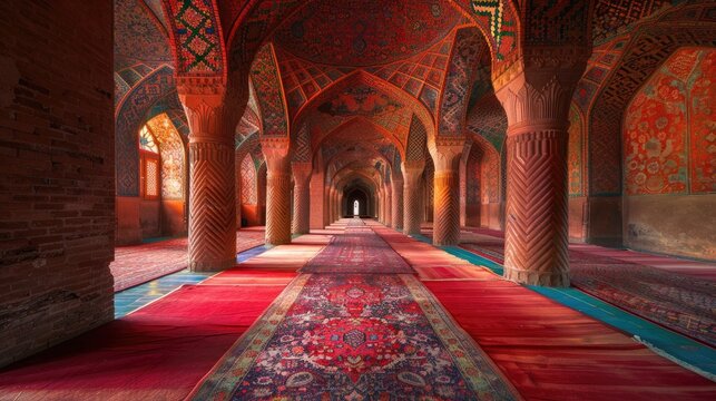 A long red carpeted hallway with a red wall