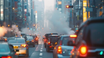 Fototapeta premium A busy city street lined with tall buildings equipped with pollution monitoring sensors on their exteriors.