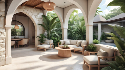 Fototapeta premium Ultra realistic photo of Modern take on upscale bali inspired small condo white cream stone, light wood round arches interor view of glassed in covered patio set with tropical foliage