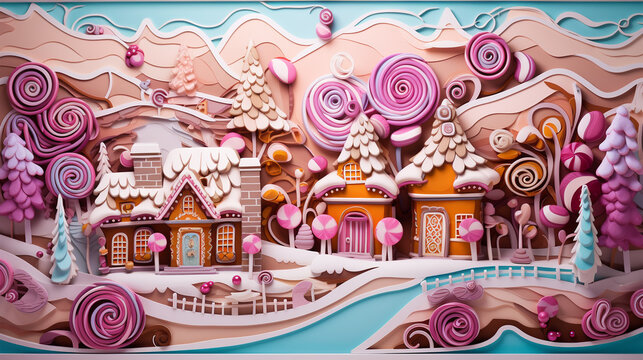 The photography of creative art paper layered artwork with a candy land theme in Christmas scenery, background or backdrop for Christmas card and greeting reference.