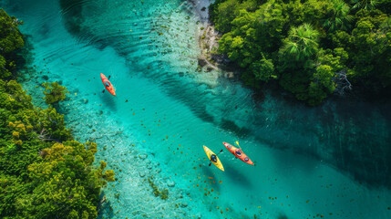 Three people are kayaking in a river with trees in the background