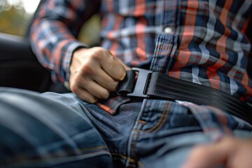A man in a plaid shirt is buckling his seat belt. Concept of responsibility and safety, as the man takes the necessary precautions to protect himself while driving