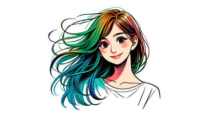 Smiling Japanese Woman with Long Hair in Vibrant Colors
