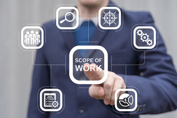 Business man working on virtual touch screen presses inscription: SCOPE OF WORK. Scope of Work...