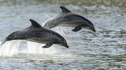 Fototapeta premium Two dolphins jumping out of the water. The water is calm and the sky is clear