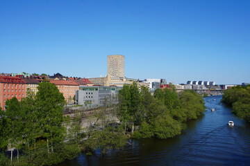 High angle view a river through the city