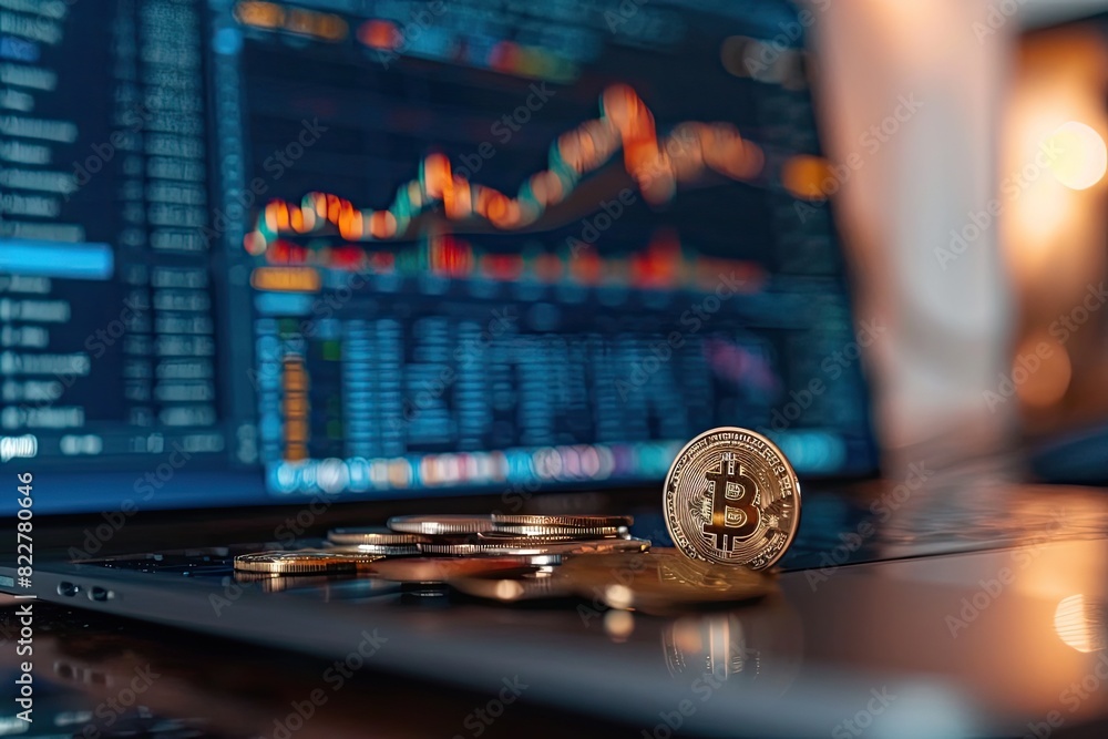 Poster a coin sits on a laptop screen with a bunch of other coins. the coins are arranged in a circle and t