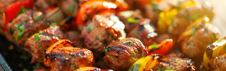 Shish kebab on the grill grilled meat with vegetables shashlik kebab summer cooking with smoky background
