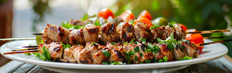 Grilled chicken breast meat barbecue skewers with vegetables grilled meat on awhite background
