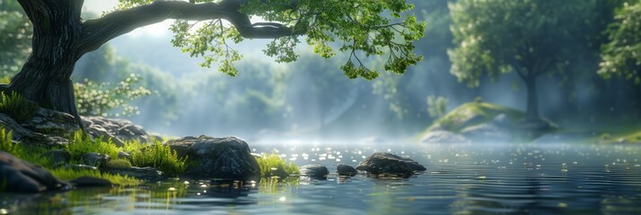 Tree with green leaves grows near river, green trees in fog and stones reflected in river water. Wide natural landscape. Ecological concept, banner with place for text. World Environment Day