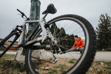 A young man in a red hoodie stretches his leg beside a bicycle in a cloudy, serene park setting.