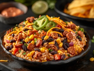 A bowl of food with beans, corn, and meat. The bowl is on a black table
