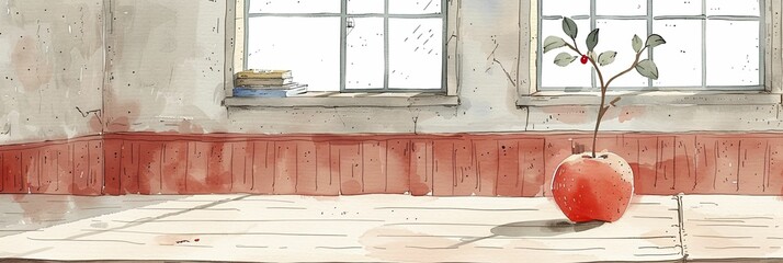 Apple and book stack on classroom desk, ample natural light with empty desks suitable for school environment articles